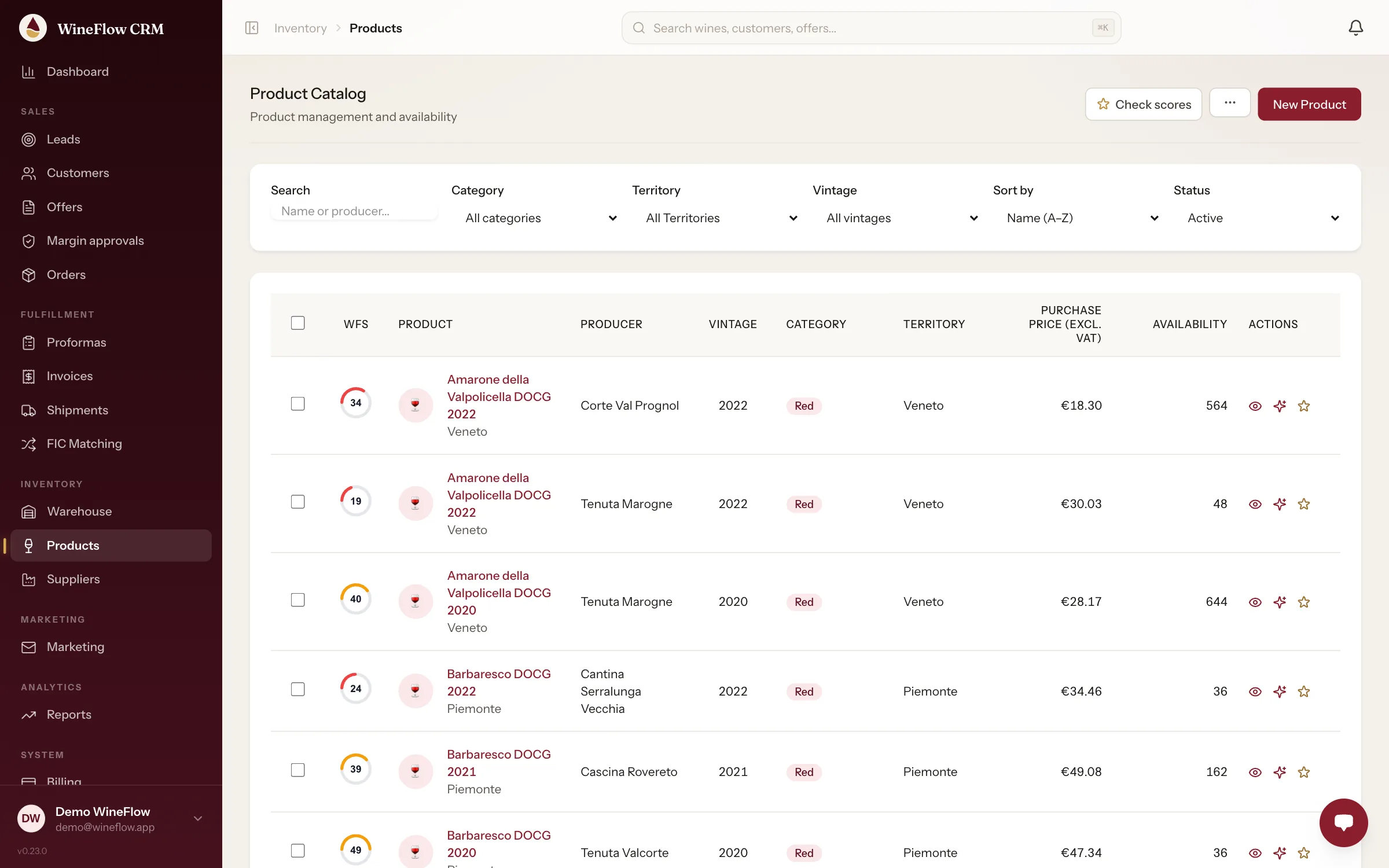 Product catalogue with WineFlow score, producer, vintage, purchase price and availability