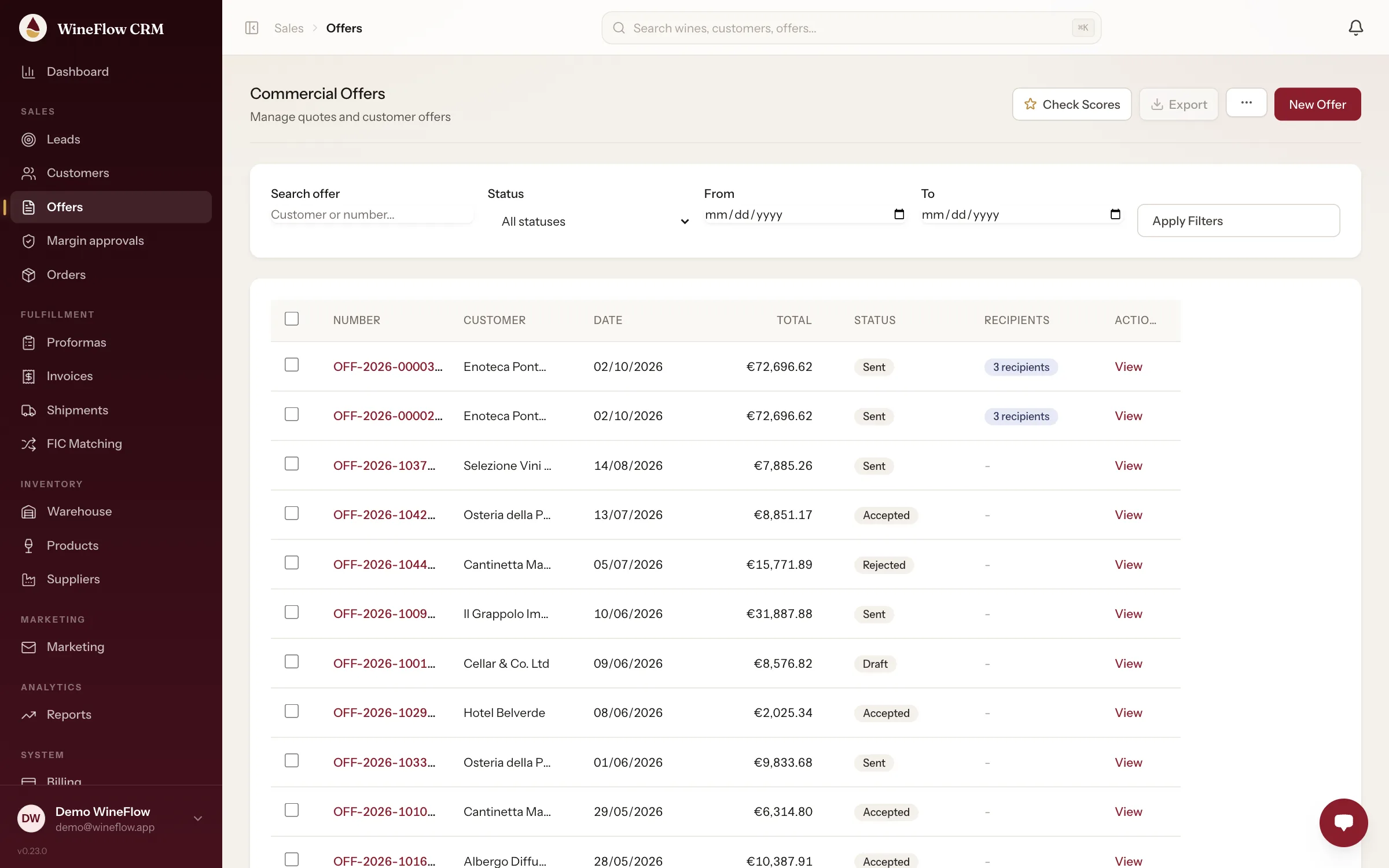 Commercial offers with customer, date, total and status