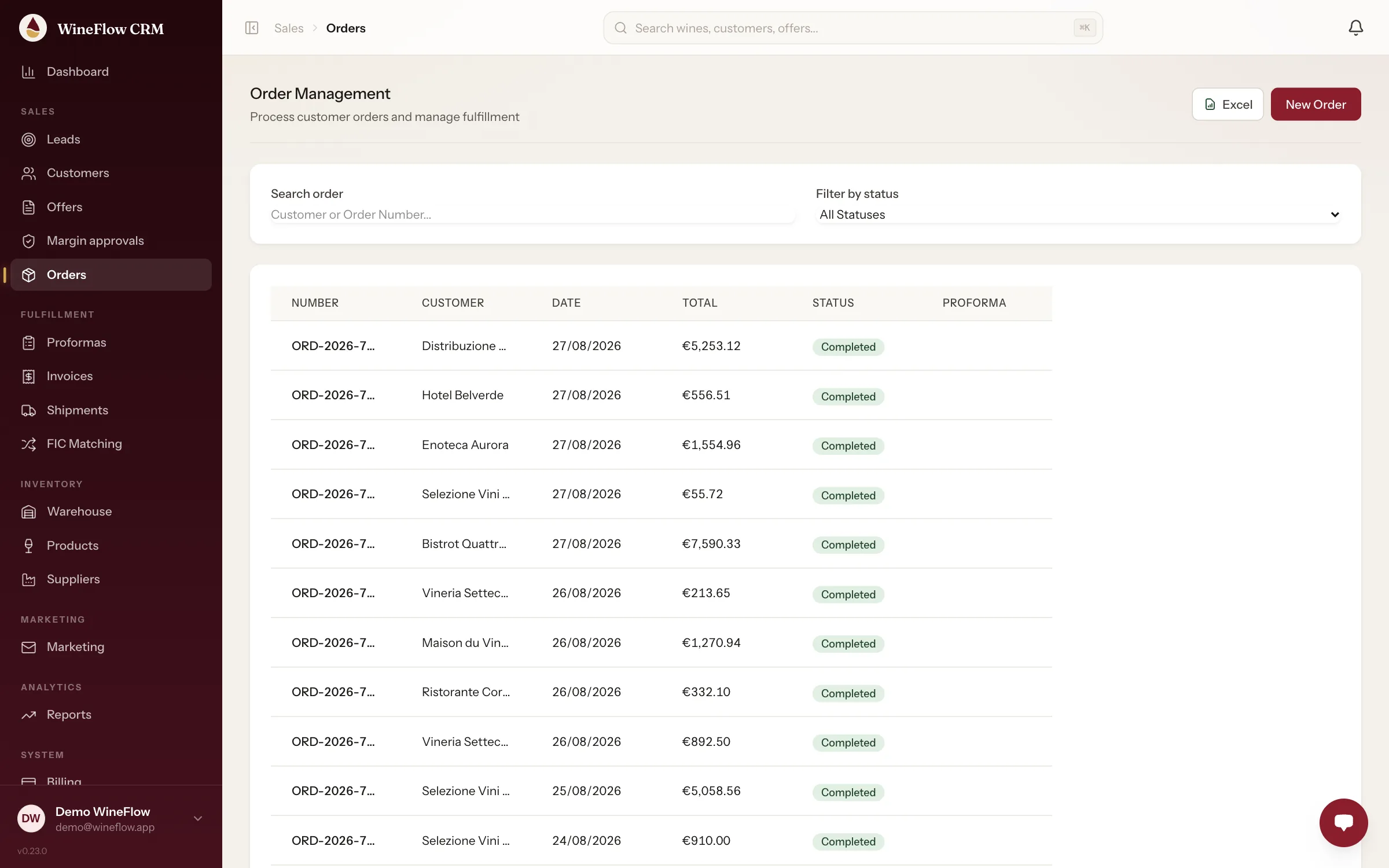 Sales orders with customer, date, total and status