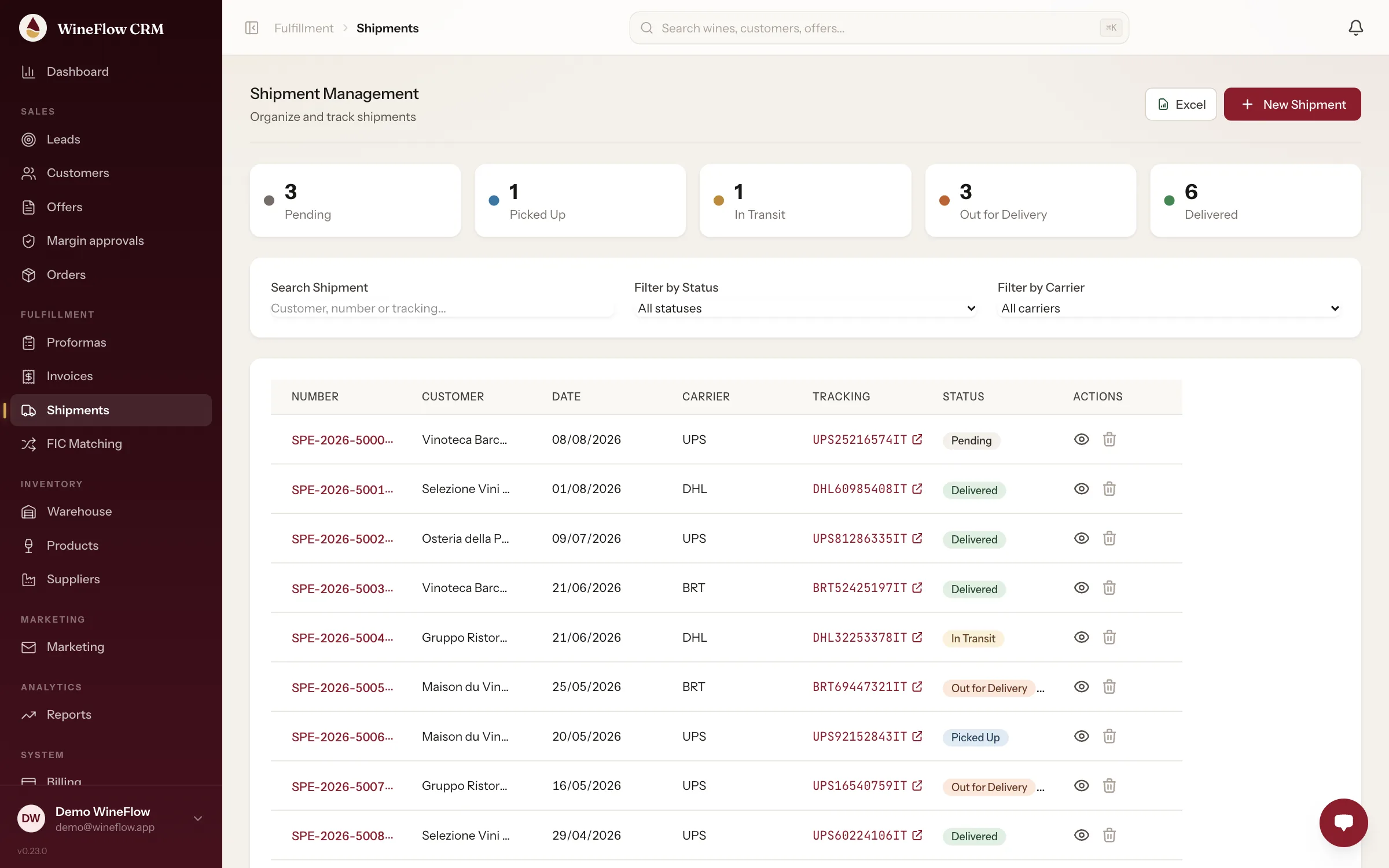 Shipments by status, with carrier and tracking number